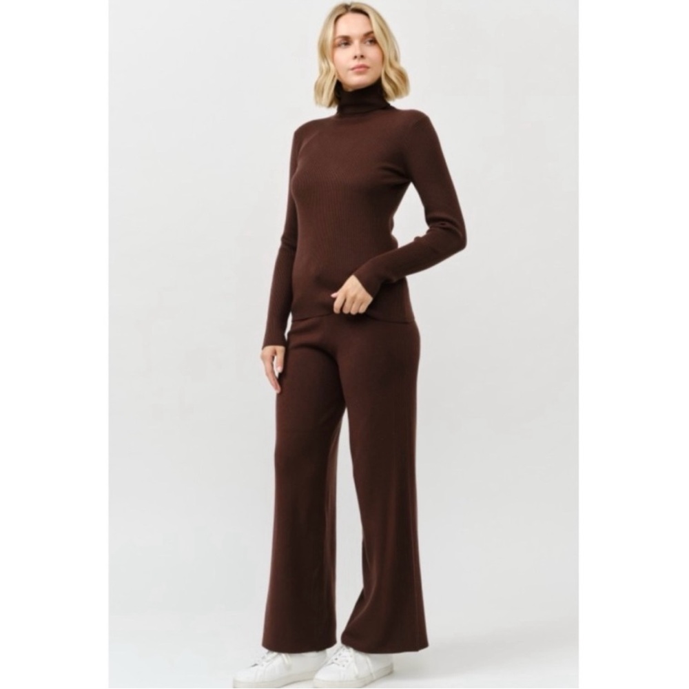Viscose Blend Brown Rib Knit Turtleneck & Tie-Waist Wide Leg Pants Sz SM NWT! - Picture 2 of 8